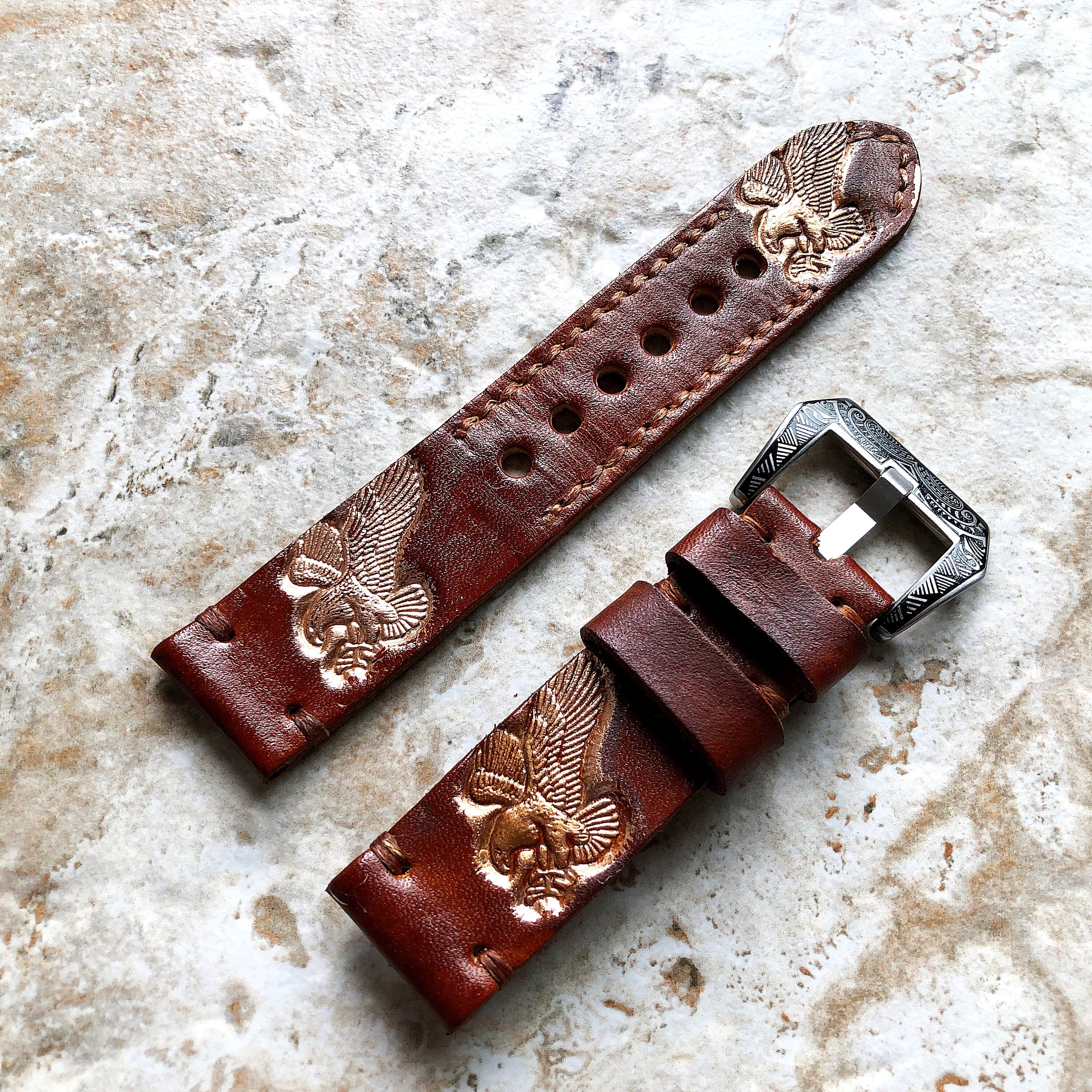 Eagle Attack Band 22mm 24mm 25mm Compatible with Apple Watch Fitbit Versa 2 3 4 Sense 2 Ionic Accented Embossed Tooled Real Leather Strap